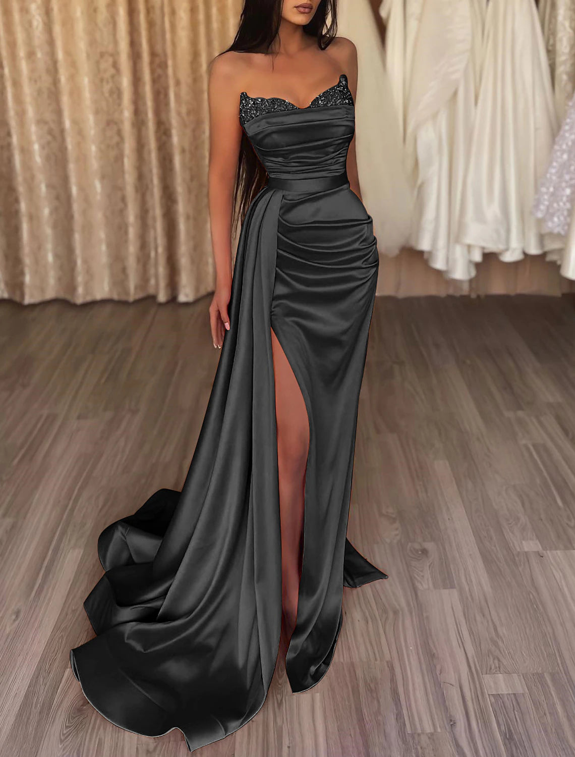 Mermaid Ruched Evening Gown Satin Dress Cocktail Party Prom Court Train Sleeveless Strapless Bridesmaid Dress with Beading Sequin Pure Color 2025